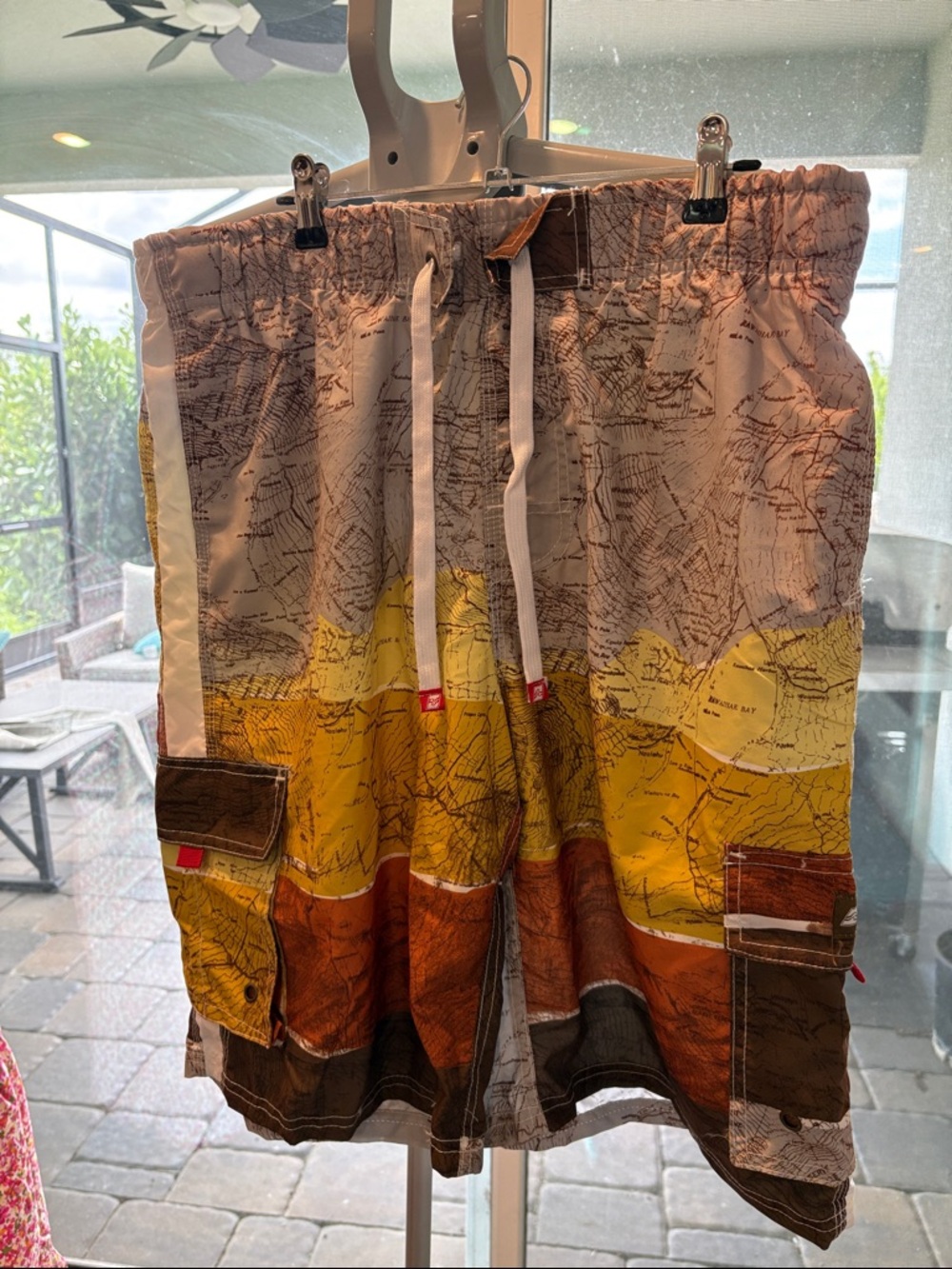 Men’s Colorblock Map-Print Cargo Swim Shorts - Yellow, Brown, Orange sz XXL